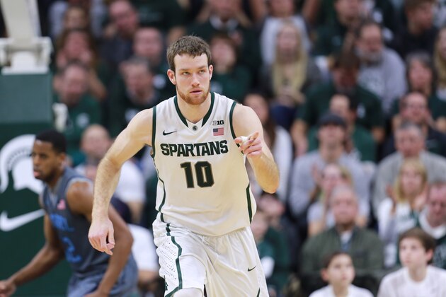 EAST LANSING, MI - DECEMBER 22:  Matt Costello #10 of the Michigan State Spartans celebrates during the game against of the Citadel Bulldogs at the Breslin Center on December 22, 2014 in East Lansing, Michigan. (Photo by Rey Del Rio/Getty Images)