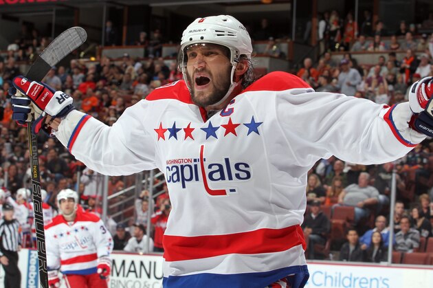 ANAHEIM, CA - FEBRUARY 15:  Alex Ovechkin #8 of the Washington Capitals reacts after assisting on a goal against the Anaheim Ducks on February 15, 2015 at Honda Center in Anaheim, California. (Photo by Debora Robinson/NHLI via Getty Images)