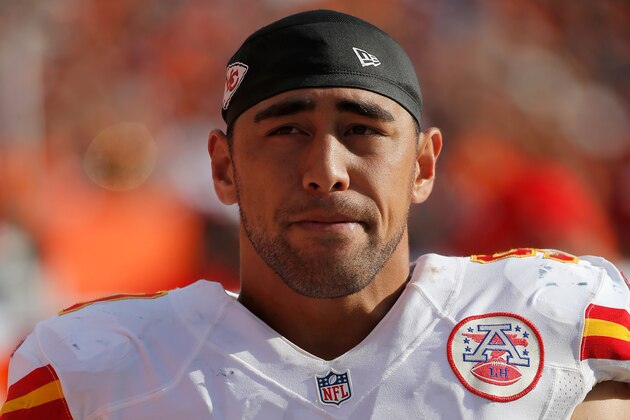 DENVER, CO - SEPTEMBER 14:  Inside linebacker Josh Mauga #90 of the Kansas City Chiefs looks on from the bench against the Denver Broncos at Sports Authority Field at Mile High on September 14, 2014 in Denver, Colorado. The Broncos defeated the Chiefs 24-17.  (Photo by Doug Pensinger/Getty Images)
