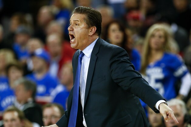 Kentucky head coach John Calipari yells in the second half of an NCAA college basketball game against Georgia  Tuesday, March 3, 2015, in Athens, Ga. Kentucky won 72-64 and improved their record to 30-0. (AP Photo/John Bazemore)