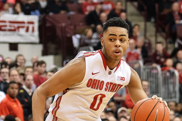 COLUMBUS, OH - JANUARY 29:  DAngelo Russell #0 of the Ohio State Buckeyes controls the ball against the Maryland Terrapins on January 29, 2015 at Value City Arena in Columbus, Ohio.  (Photo by Jamie Sabau/Getty Images)