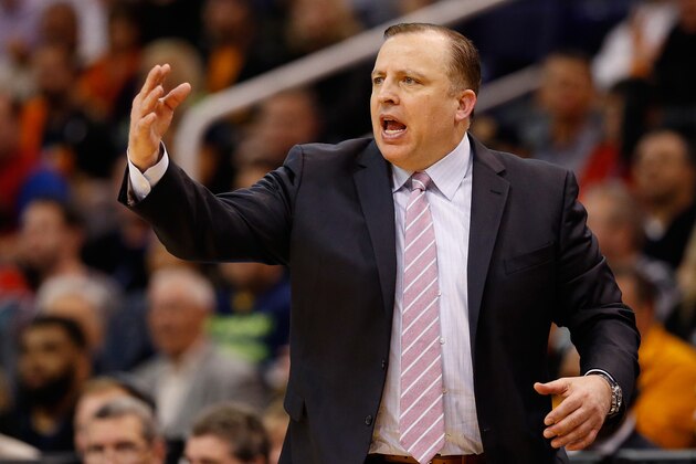 PHOENIX, AZ - JANUARY 30:  Tom Thibodeau of the Chicago Bulls reacts during the first half of the NBA game against the Phoenix Suns at US Airways Center on January 30, 2015 in Phoenix, Arizona. NOTE TO USER: User expressly acknowledges and agrees that, by downloading and or using this photograph, User is consenting to the terms and conditions of the Getty Images License Agreement.  (Photo by Christian Petersen/Getty Images)