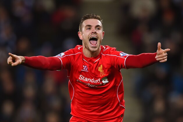 LEICESTER, ENGLAND - DECEMBER 02:  Jordan Henderson of Liverpool celebrates after scoring his team's third goal during the Barclays Premier League match between Leicester City and Liverpool at The King Power Stadium on December 2, 2014 in Leicester, England.  (Photo by Shaun Botterill/Getty Images)