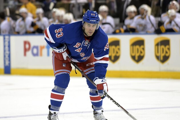 New York Rangers' Keith Yandle plays during the second period of an NHL hockey game against the Nashville Predators on Monday, March 2, 2015, at Madison Square Garden in New York. It was Yandle's first game since being traded to the Rangers. (AP Photo/Bill Kostroun)
