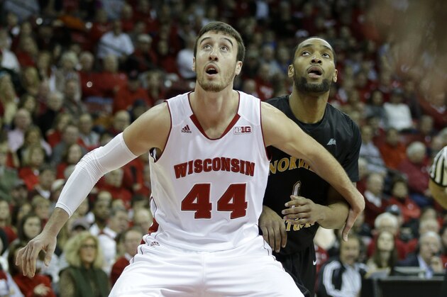 MADISON, WI - NOVEMBER 14: Frank Kaminsky #44 of the Wisconsin Badgers boxes out for the rebound during the first half of play against the Northern Kentucky Norse at Kohl Center on November 14, 2014 in Madison, Wisconsin. (Photo by Mike McGinnis/Getty Images)