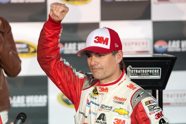 Mar 6, 2015; Las Vegas, NV, USA; Sprint Cup Series driver Jeff Gordon (24) celebrates winning the pole position during qualifying for the Kobalt 400 at Las Vegas Motor Speedway. Mandatory Credit: Jerome Miron-USA TODAY Sports