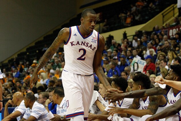 Nov 28, 2014; Kissimmee, FL, USA; Kansas Jayhawks forward Cliff Alexander (2) high fives the bench against the Tennessee Volunteers during the first half at HP Field House. Mandatory Credit: Kim Klement-USA TODAY Sports