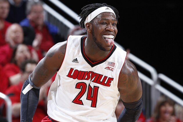 LOUISVILLE, KY - MARCH 7: Montrezl Harrell #24 of the Louisville Cardinals reacts after a basket in the first half of the game against the Virginia Cavaliers at KFC Yum! Center on March 7, 2015 in Louisville, Kentucky. (Photo by Joe Robbins/Getty Images)
