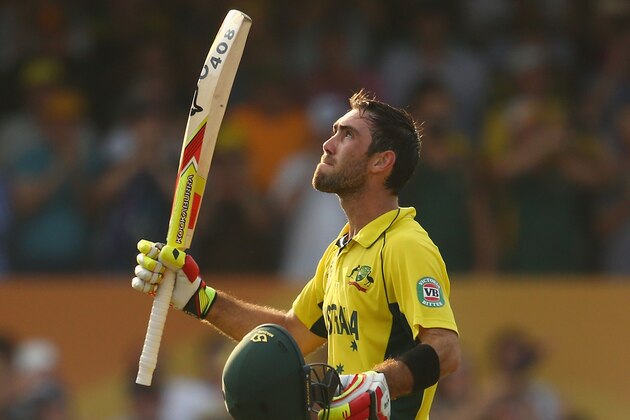SYDNEY, AUSTRALIA - MARCH 08:  Glenn Maxwell of Australia celebrates his century during the 2015 ICC Cricket World Cup match between Australia and Sri Lanka at Sydney Cricket Ground on March 8, 2015 in Sydney, Australia.  (Photo by Mark Kolbe/Getty Images)