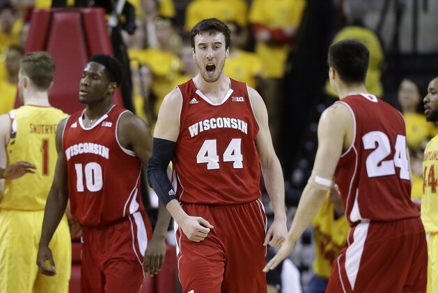 Wisconsin forward Frank Kaminsky (44) reacts after being fouled as he scored in the second half of an NCAA college basketball game against Maryland, Tuesday, Feb. 24, 2015, in College Park, Md. (AP Photo/Patrick Semansky)