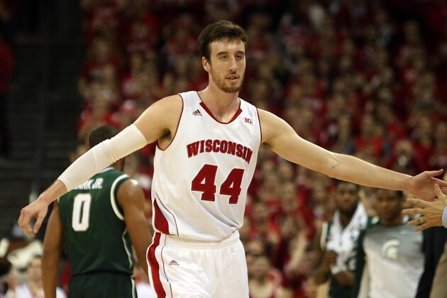 Mar 1, 2015; Madison, WI, USA; Wisconsin Badgers forward Frank Kaminsky (44) returns to the bench during the game with the Michigan State Spartans at the Kohl Center. Wisconsin defeated Michigan State 68-61. Mandatory Credit: Mary Langenfeld-USA TODAY Sports