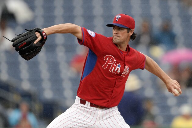 Mar 6, 2015; Clearwater, FL, USA; Philadelphia Phillies starting pitcher Cole Hamels (35) pitches during the first inning during a spring training baseball game against the New York Yankees at Bright House Field. Mandatory Credit: Tommy Gilligan-USA TODAY Sports
