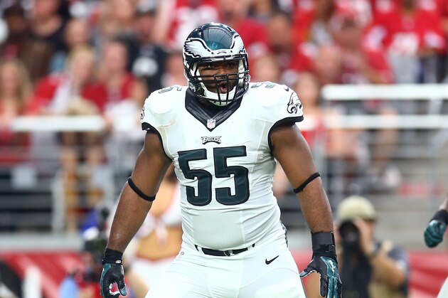 Oct 26, 2014; Glendale, AZ, USA; Philadelphia Eagles linebacker Brandon Graham (55) against the Arizona Cardinals at University of Phoenix Stadium. The Cardinals defeated the Eagles 24-20. Mandatory Credit: Mark J. Rebilas-USA TODAY Sports