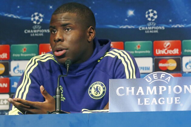 Chelsea FC player, Kurt Zouma, speaks during a press conference at Parc des Princes stadium in Paris,  Monday, Feb. 16, 2015. Paris Saint Germain will face Chelsea FC in a Champions League soccer match on Tuesday, Feb. 17, 2015. (AP Photo/Michel Euler)