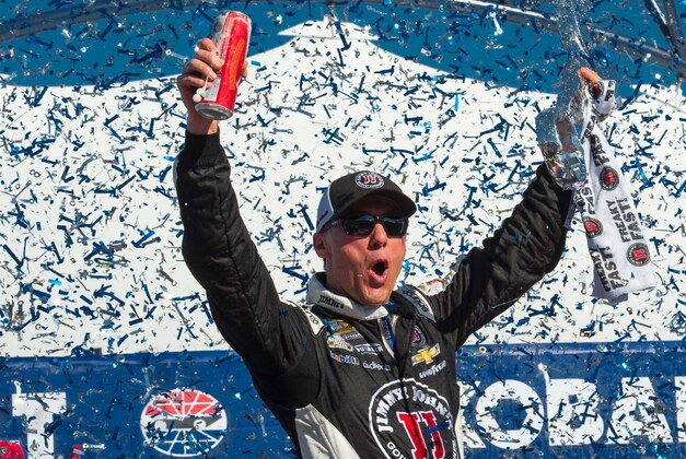 Mar 8, 2015; Las Vegas, NV, USA; Sprint Cup Series driver Kevin Harvick (4) celebrates winning the Kobalt 400 at Las Vegas Motor Speedway. Mandatory Credit: Jerome Miron-USA TODAY Sports
