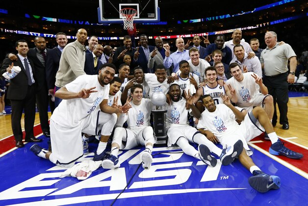 PHILADELPHIA, PA - MARCH 7: The Villanova Wildcats celebrate their Big East regular season championship after defeating the St. John's Red Storm 105-68 in an NCAA college basketball game on March 7, 2015 at the Wells Fargo Center in Philadelphia, Pennsylvania. (Photo by Rich Schultz /Getty Images)