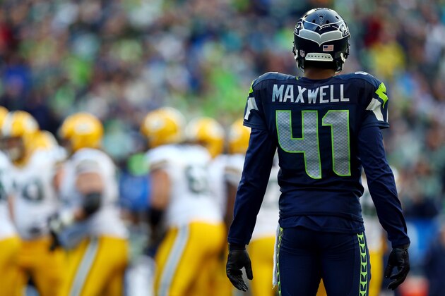 SEATTLE, WA - JANUARY 18:  Byron Maxwell #41 of the Seattle Seahawks looks on against the Green Bay Packers during the 2015 NFC Championship game at CenturyLink Field on January 18, 2015 in Seattle, Washington.  (Photo by Ronald Martinez/Getty Images)