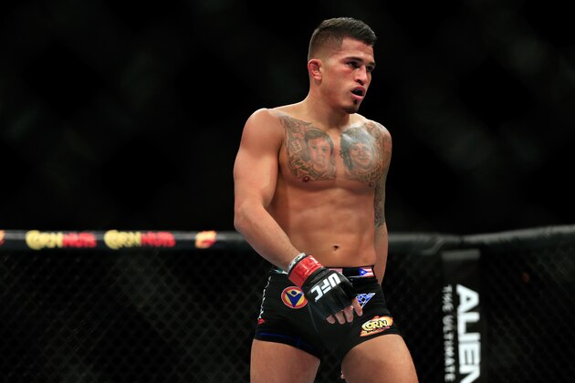 LAS VEGAS, NV - DECEMBER 06: Anthony Pettis looks on against Gilbert Menendez in their lightweight title fight during the UFC 181 event at the Mandalay Bay Events Center on December 6, 2014 in Las Vegas, Nevada.  (Photo by Alex Trautwig/Getty Images)