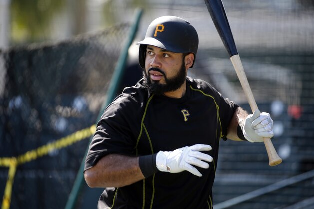Pittsburgh Pirates' Pedro Alvarez waits his turn in the batting cage at McKechnie Field before an intrasquad spring training baseball game in Bradenton, Fla., Monday, March 2, 2015.  Alvarez did not play in the game. (AP Photo/Gene J. Puskar)