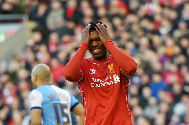 LIVERPOOL, ENGLAND - MARCH 08:  Daniel Sturridge of Liverpool reacts after a missed chance on goal during the FA Cup Quarter Final match between Liverpool and Blackburn Rovers at Anfield on March 8, 2015 in Liverpool, England.  (Photo by Michael Regan/Getty Images)