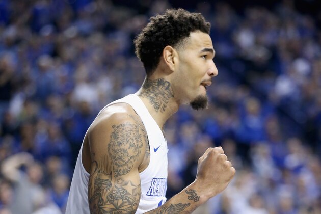 LEXINGTON, KY - MARCH 07:  Willie Cauely-Stien #15 of the Kentucky Wildcats celebrates during the game against the Florida Gators at Rupp Arena on March 7, 2015 in Lexington, Kentucky.  (Photo by Andy Lyons/Getty Images)