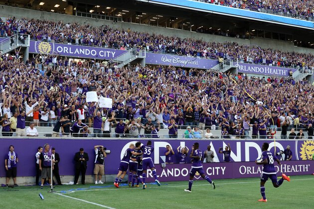 ORLANDO, FL - MARCH 08:  Kaka #10 of Orlando City SC celebrates after he scores the first goal in team history during an MLS soccer match between the New York City FC and the Orlando City SC at the Orlando Citrus Bowl on March 8, 2015 in Orlando, Florida. This was the first game for both teams and the final score was 1-1.(Photo by Alex Menendez/Getty Images)