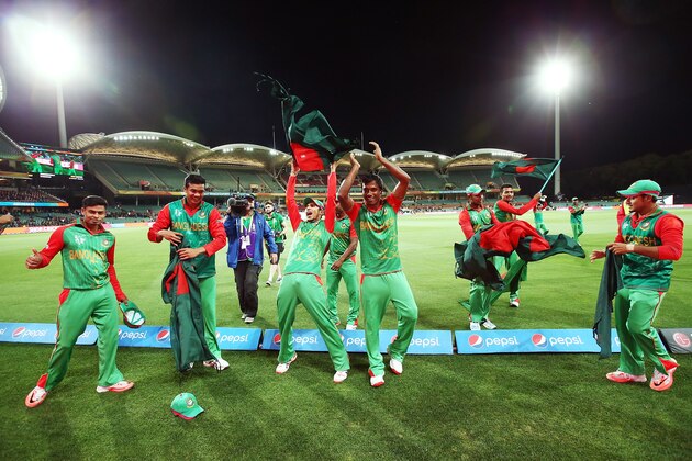 ADELAIDE, AUSTRALIA - MARCH 09:  Bangladesh players celebrate after winning the 2015 ICC Cricket World Cup match between England and Bangladesh at Adelaide Oval on March 9, 2015 in Adelaide, Australia.  (Photo by Morne de Klerk/Getty Images)
