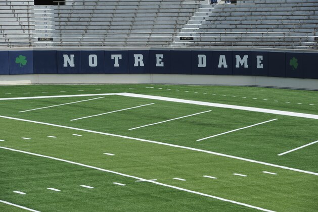 Installation of field turf is completed at Notre Dame football stadium Tuesday July 30, 2014 in South Bend, Ind. Notre Dame is scheduled to open their season against Rice Saturday Aug. 30, 2014 (AP Photo/Joe Raymond)