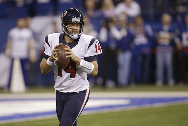 Houston Texans quarterback Ryan Fitzpatrick throws against the Indianapolis Colts during the first half of an NFL football game in Indianapolis, Sunday, Dec. 14, 2014. (AP Photo/AJ Mast)
