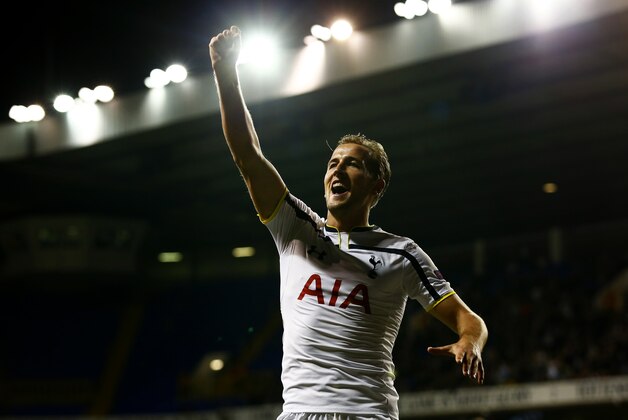 LONDON, ENGLAND - OCTOBER 23:  Harry Kane of Spurs celebrates scoring his team's fourth goal during the UEFA Europa League group C match between Tottenham Hotspur FC and Asteras Tripolis FC at White Hart Lane on October 23, 2014 in London, United Kingdom.  (Photo by Clive Rose/Getty Images)
