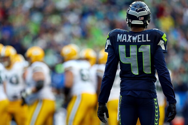 SEATTLE, WA - JANUARY 18:  Byron Maxwell #41 of the Seattle Seahawks looks on against the Green Bay Packers during the 2015 NFC Championship game at CenturyLink Field on January 18, 2015 in Seattle, Washington.  (Photo by Ronald Martinez/Getty Images)