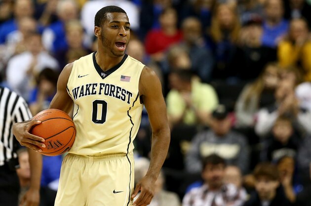 WINSTON-SALEM, NC - MARCH 05:  Codi Miller-McIntyre #0 of the Wake Forest Demon Deacons reacts after a play during their game against the Duke Blue Devils at Joel Coliseum on March 5, 2014 in Winston-Salem, North Carolina.  (Photo by Streeter Lecka/Getty Images)