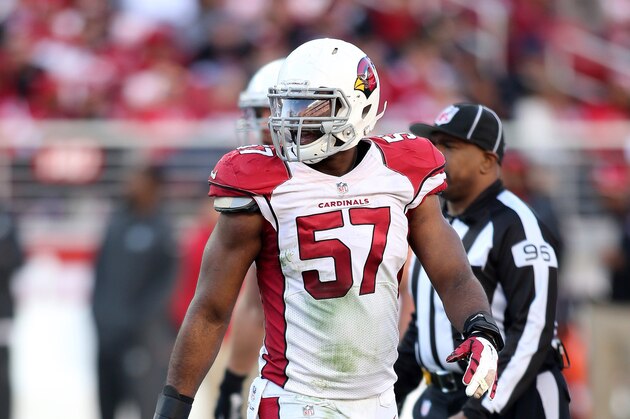 Arizona Calif.rdinals outside linebacker Alex Okafor #57 during an NFL game  against the San Francisco 49ers played at  Levi's Stadium in Santa Clara, Calif. on Sunday, Dec. 28, 2014. (AP Photo/Michael Zito)