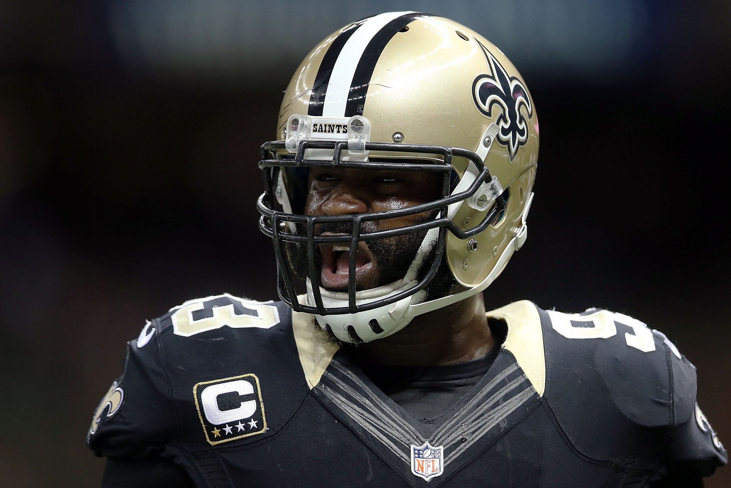 NEW ORLEANS, LA - NOVEMBER 24:  Junior Galette #93 of the New Orleans Saints participates in warmups prior to a game against the Baltimore Ravens at the Mercedes-Benz Superdome on November 24, 2014 in New Orleans, Louisiana.  (Photo by Chris Graythen/Getty Images)