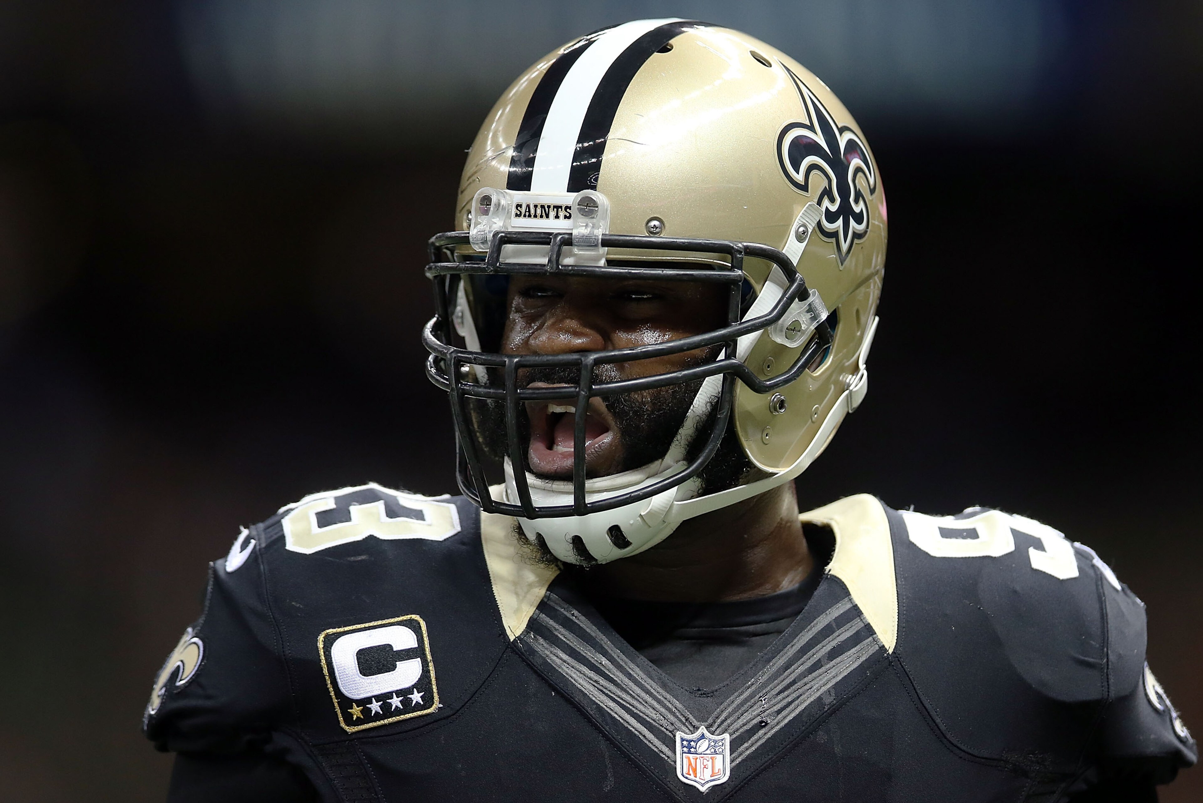 NEW ORLEANS, LA - NOVEMBER 24:  Junior Galette #93 of the New Orleans Saints participates in warmups prior to a game against the Baltimore Ravens at the Mercedes-Benz Superdome on November 24, 2014 in New Orleans, Louisiana.  (Photo by Chris Graythen/Getty Images)
