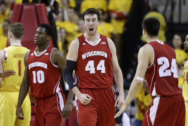 Wisconsin forward Frank Kaminsky (44) reacts after being fouled as he scored in the second half of an NCAA college basketball game against Maryland, Tuesday, Feb. 24, 2015, in College Park, Md. (AP Photo/Patrick Semansky)