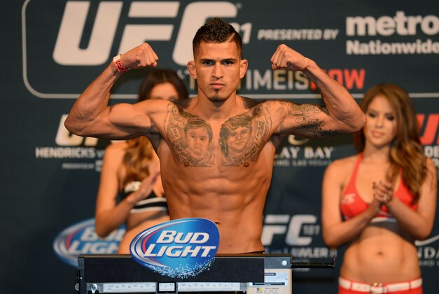 Dec 5, 2014; Las Vegas, Nevada, USA; Lightweight champion Anthony Pettis weighs in for his bout against Gilbert Melendez (not pictured) during the UFC 181 weigh-ins at Mandalay Bay Events Center. Mandatory Credit: Joe Camporeale-USA TODAY Sports