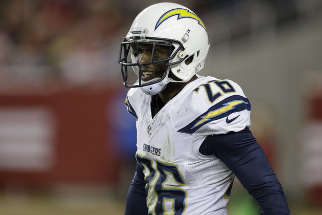 San Diego Chargers defensive back Brandon Flowers (26) against the San Francisco 49ers during an NFL football game in Santa Clara, Calif., Saturday, Dec. 20, 2014. (AP Photo/Ben Margot)