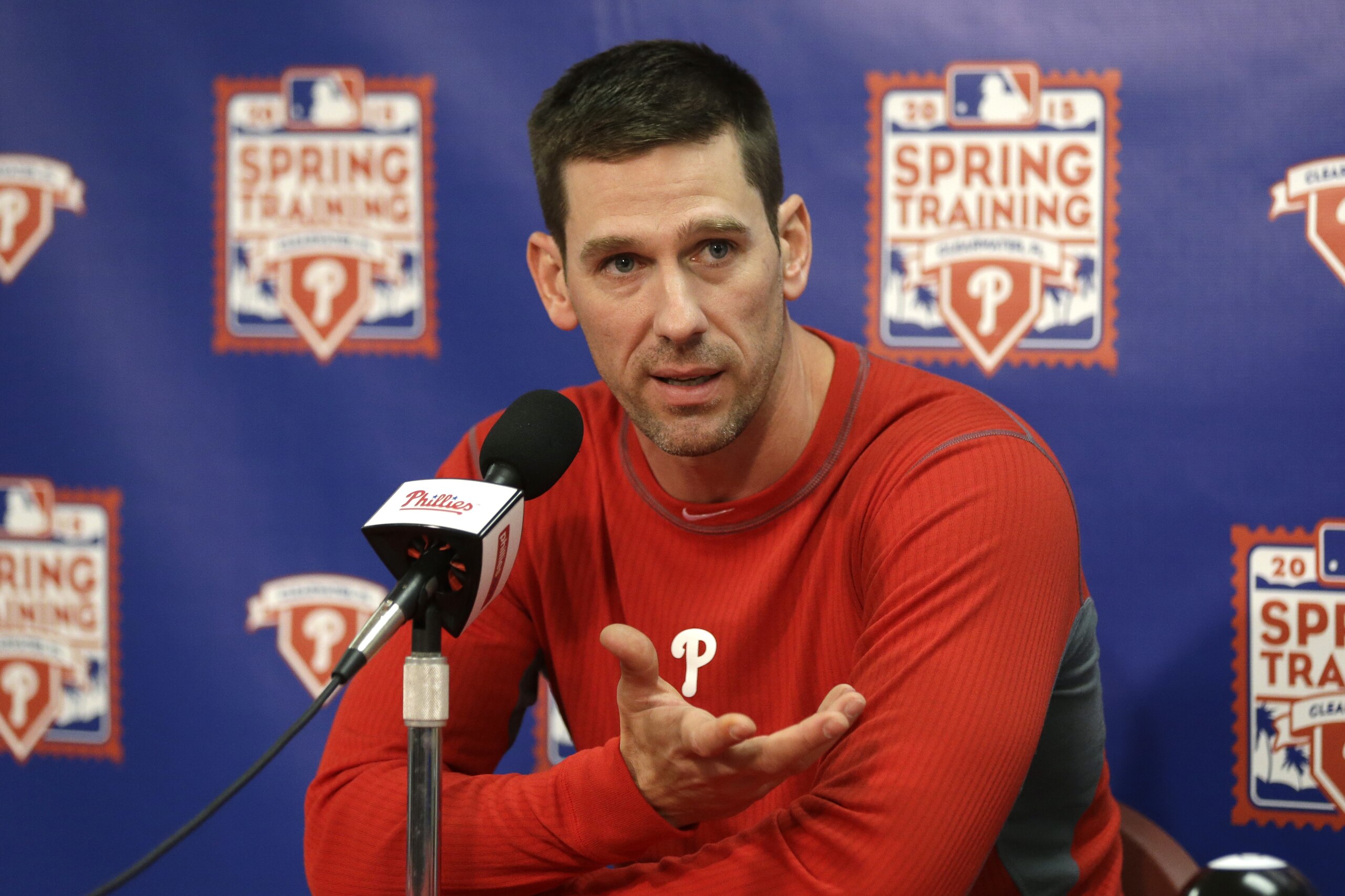 FILE - In this Feb. 19, 2015, file photo, Philadelphia Phillies starting pitcher Cliff Lee responds to a question during a news conference at spring training baseball in Clearwater, Fla. Lee is awaiting a second opinion from Dr. James Andrews on his ailing left elbow and says surgery would end his season and possibly his career. (AP Photo/Lynne Sladkk, File)