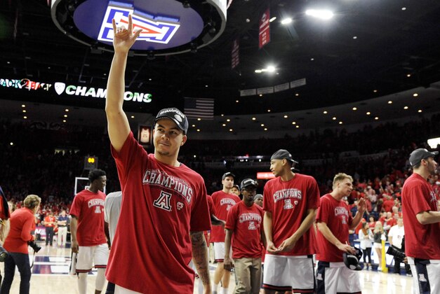 Mar 7, 2015; Tucson, AZ, USA; Arizona Wildcats guard Gabe York (1) waves as he walks off the court after beating the Stanford Cardinal at McKale Center. Arizona won 69-91. Mandatory Credit: Casey Sapio-USA TODAY Sports