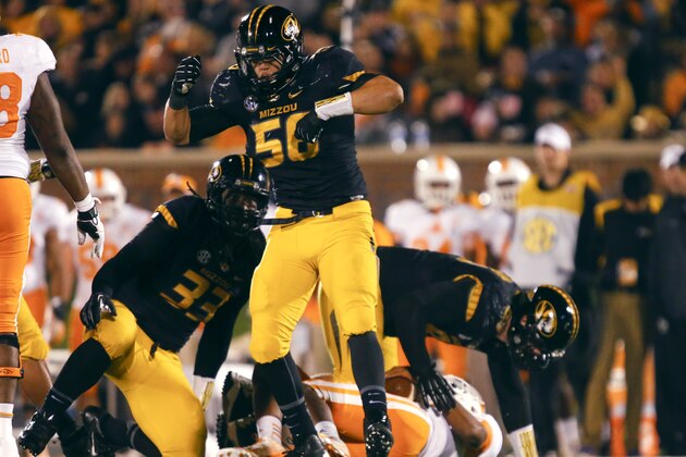 COLUMBIA, MO - NOVEMBER 2: Shane Ray #56 of the Missouri Tigers celebrates after sacking Joshua Dobbs #11 of the Tennessee Volunteers in the third quarter on November 2, 2013 at Faurot Field/Memorial Stadium in Columbia, Missouri. (Photo by Kyle Rivas/Getty Images)