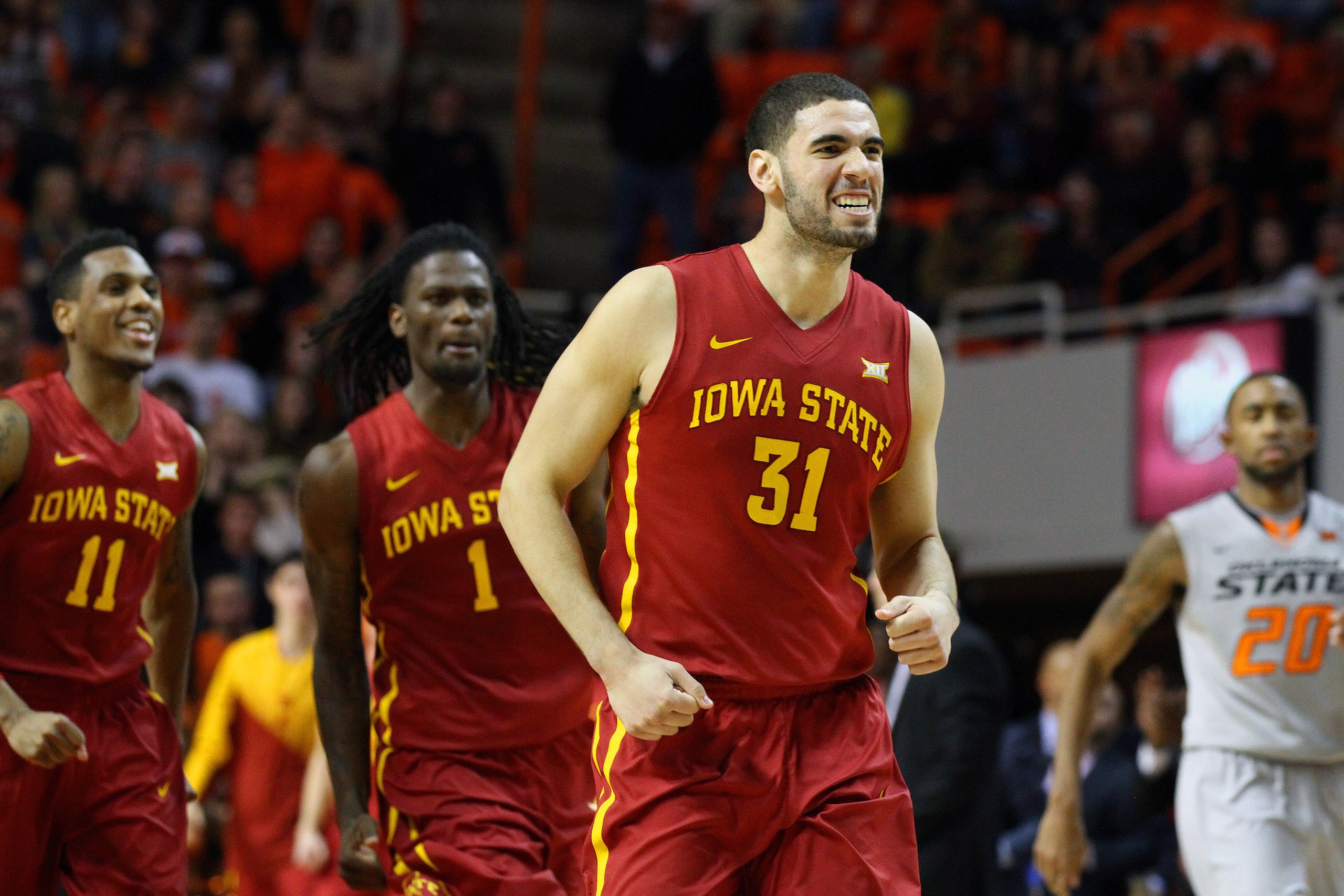 Feb 18, 2015; Stillwater, OK, USA; Iowa State Cyclones forward Georges Niang (31) reacts after hitting a shot late in the game against the Oklahoma State Cowboys during the second half at Gallagher-Iba Arena. Iowa State won 70-65. Mandatory Credit: Ray Carlin-USA TODAY Sports
