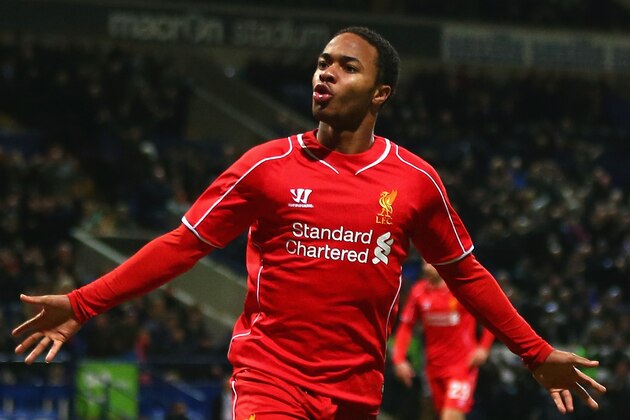 BOLTON, ENGLAND - FEBRUARY 04:  Raheem Sterling of Liverpool celebrates scoring their first goal  during the FA Cup Fourth round replay between Bolton Wanderers and Liverpool at Macron Stadium on February 4, 2015 in Bolton, England.  (Photo by Michael Steele/Getty Images)