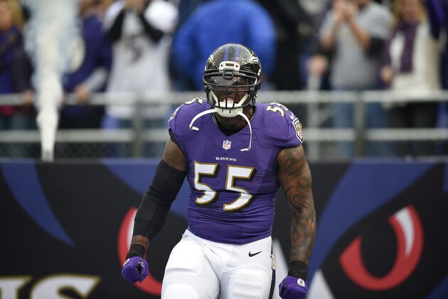 Baltimore Ravens outside linebacker Terrell Suggs (55) runs onto the field before an NFL football game against the San Diego Chargers, Sunday, Nov. 30, 2014, in Baltimore. (AP Photo/Nick Wass)