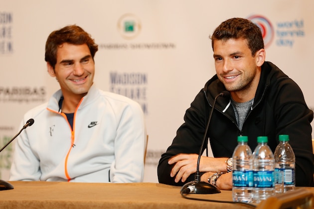 NEW YORK, NY - MARCH 09:  BNP Paribas Showdown players Roger Federer and Grigor Dimitrov speak to the media during a press conference at Essex House on March 9, 2015 in New York City.  (Photo by Mike Stobe/Getty Images)