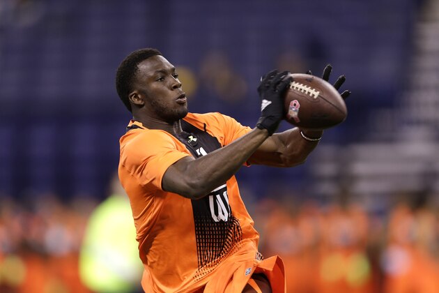 USC wide receiver Nelson Agholor runs a drill at the NFL football scouting combine in Indianapolis, Saturday, Feb. 21, 2015. (AP Photo/David J. Phillip)