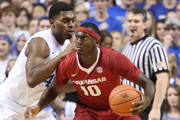 Feb 28, 2015; Lexington, KY, USA; Arkansas Razorbacks forward Bobby Portis (10) dribbles the ball against Kentucky Wildcats center Dakari Johnson (44) in the second half at Rupp Arena. The Kentucky Wildcats defeated the Arkansas Razorbacks 84-67. Mandatory Credit: Mark Zerof-USA TODAY Sports