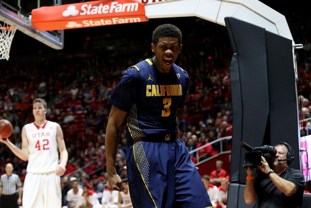 Feb 15, 2015; Salt Lake City, UT, USA; California Golden Bears guard Tyrone Wallace (3) celebrates after making a basket while getting fouled during the first half against the Utah Utes at Jon M. Huntsman Center. Mandatory Credit: Chris Nicoll-USA TODAY Sports