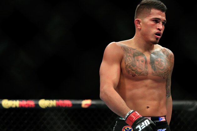 LAS VEGAS, NV - DECEMBER 06: Anthony Pettis looks on against Gilbert Menendez in their lightweight title fight during the UFC 181 event at the Mandalay Bay Events Center on December 6, 2014 in Las Vegas, Nevada.  (Photo by Alex Trautwig/Getty Images)
