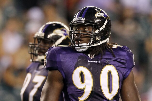 PHILADELPHIA, PA - AUGUST 11:  Pernell McPhee #90 of the Baltimore Ravens in action against the Philadelphia Eagles during their pre season game on August 11, 2011 at Lincoln Financial Field in Philadelphia, Pennsylvania.  (Photo by Jim McIsaac/Getty Images)